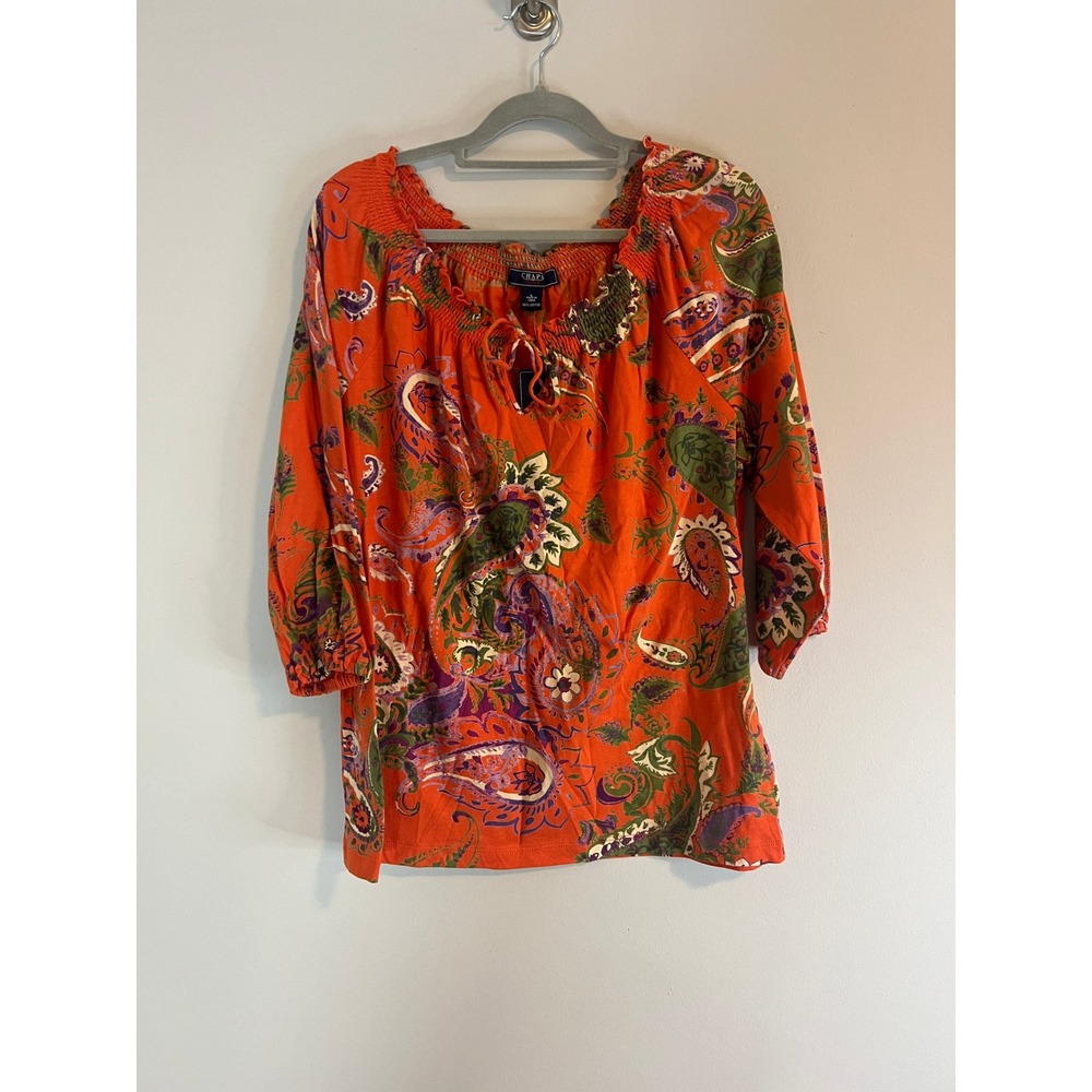 Chaps Denim Orange Paisley Smocked Peasant Blouse Top NWT Womens Large
